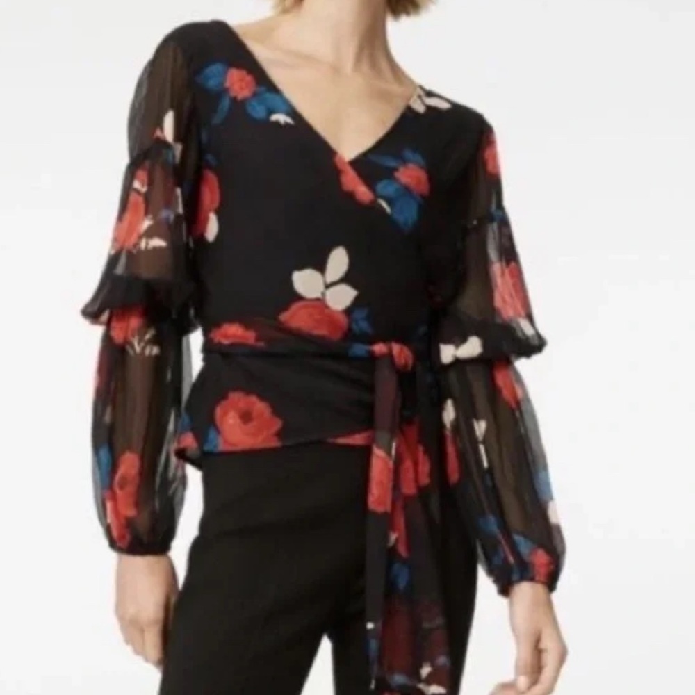 Club Monaco front tie rose print silk crepe blouse size S new with tag